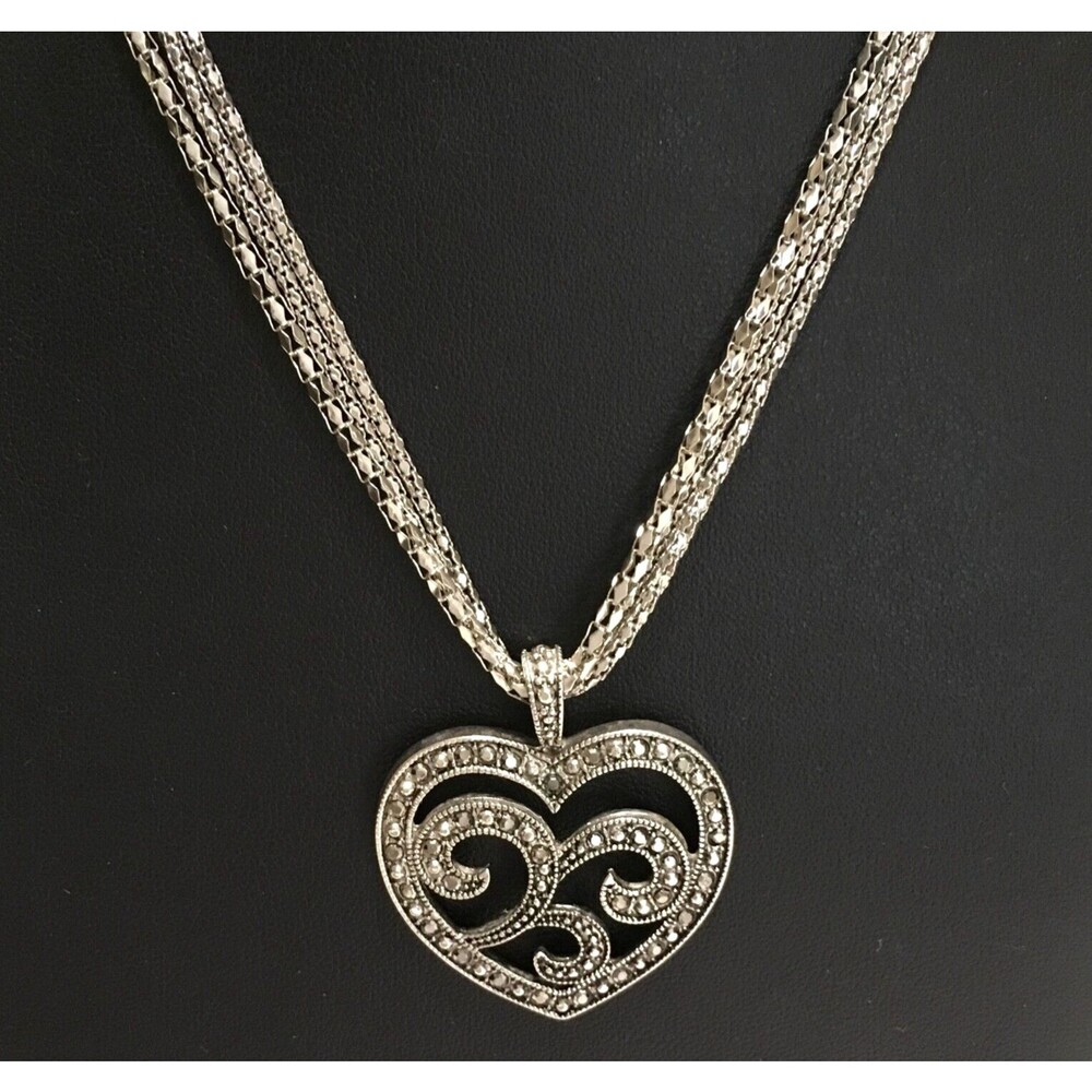 Vintage Heart Pendant Necklace Silver Tone Multi Chain 16-17.5"